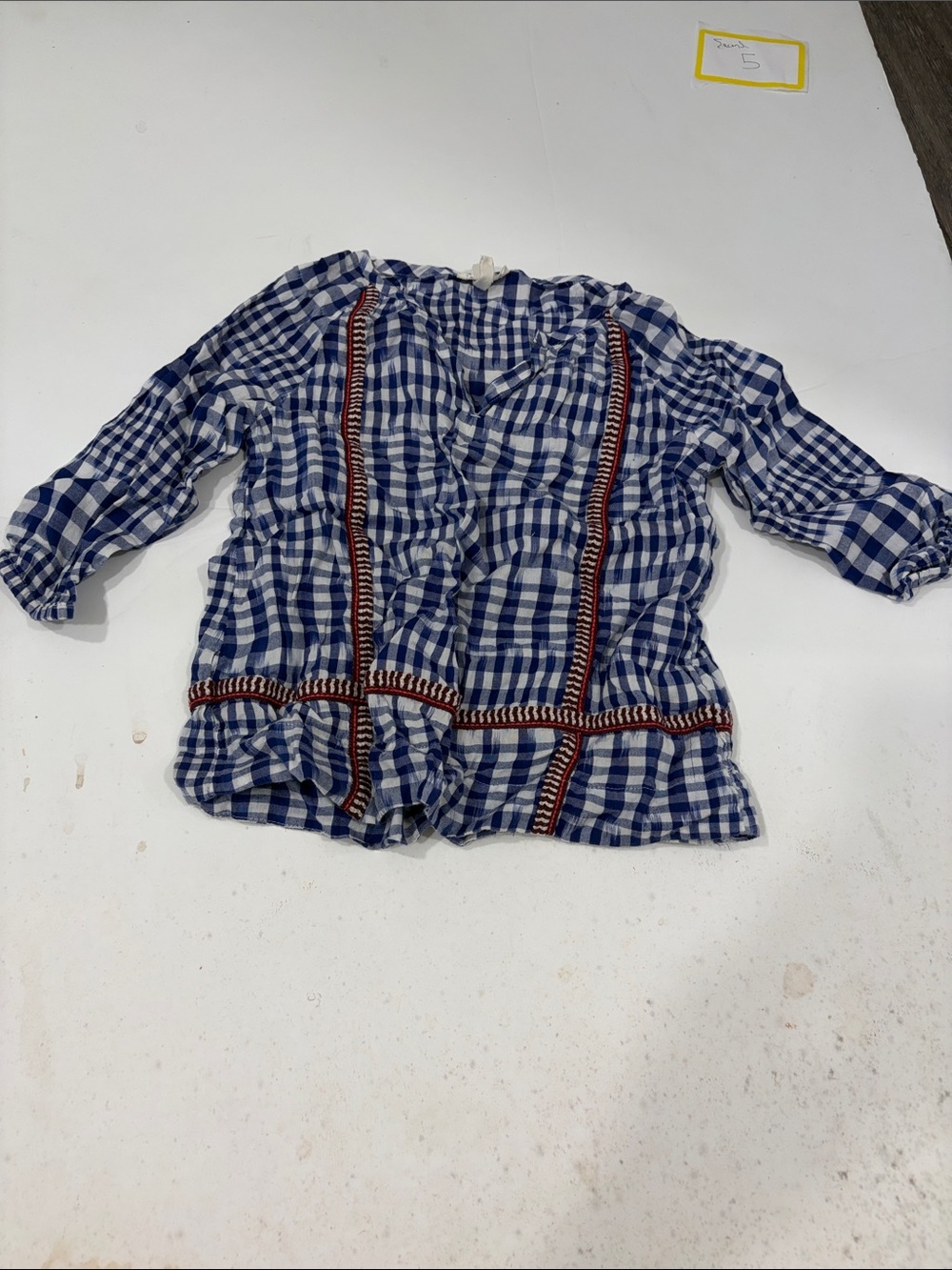 Crewcuts Navy and White Gingham Blouse with Red Trim